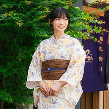 Load image into Gallery viewer, Women's Cotton Yukata, Casual Summer Kimono -Light Beige Base with yellow and brown Autumn leaves and chrysanthemums