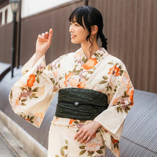 Load image into Gallery viewer, Women's Cotton Yukata, Casual Summer Kimono -Beige Base with Camellia Design