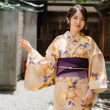 Load image into Gallery viewer, Women's Cotton Yukata, Casual Summer Kimono -Light beige Base, “yagasuri” (arrow feather) patterns with clematis flowers