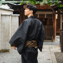 画像をギャラリービューアに読み込む, Men's Yukata Cotton & Linen : Black with Random Stripes Yukata