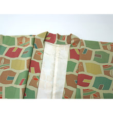 画像をギャラリービューアに読み込む, Vintage Haori Kimono Jacket Silk, Green base, Colorful Geometric Pattern