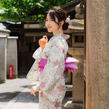 Load image into Gallery viewer, Women's Cotton Yukata, Casual Summer Kimono -Grayish white base with A graceful sakura (cherry blossom) motif featuring soft pink blooms