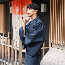 画像をギャラリービューアに読み込む, Men's Yukata Cotton & Linen : Navy with Rain-Like Stripes Yukata