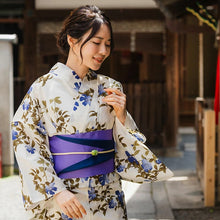 Load image into Gallery viewer, Women's Cotton Yukata, Casual Summer Kimono -Off white Base with Blue Clematis pattern