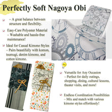 Load image into Gallery viewer, Washable Nagoya Obi (Object pattern) ,Beige ,Navy, Black –Classic Yet Modern– A Must-Have for Kimono Lovers