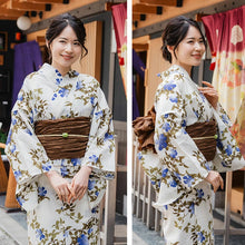 Load image into Gallery viewer, Women's Cotton Yukata, Casual Summer Kimono -Off white Base with Blue Clematis pattern
