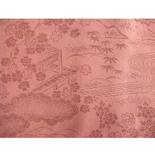 画像をギャラリービューアに読み込む, Vintage Haori Kimono Jacket Silk, Orangey-Pink base, cherry blossoms, plum, Chayatsuji Landscape Motif