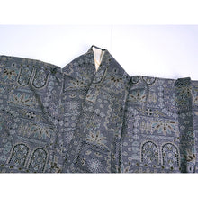 画像をギャラリービューアに読み込む, Vintage Japanese Kimono Women's Robe Silk, Muted Blue base with Floral-Inspired Geometrics