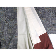 画像をギャラリービューアに読み込む, Vintage Japanese Kimono Women's Robe Silk, Muted Blue base with Floral-Inspired Geometrics