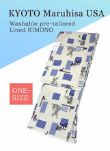 Load image into Gallery viewer, Washable pre-tailored Lined KIMONO【ONE-SIZE】(Blue geometric patterns, polka dots and orchids on latticework pattern.)
