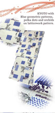 Load image into Gallery viewer, Washable pre-tailored Lined KIMONO【ONE-SIZE】(Blue geometric patterns, polka dots and orchids on latticework pattern.)