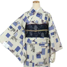 Load image into Gallery viewer, Washable pre-tailored Lined KIMONO【ONE-SIZE】(Blue geometric patterns, polka dots and orchids on latticework pattern.)