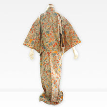 Load image into Gallery viewer, Vintage Japanese Kimono Women's Robe Silk, Beige base with Floral Motif, camellias, cherry blossoms, plum blossoms
