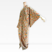 Load image into Gallery viewer, Vintage Japanese Kimono Women's Robe Silk, Beige base with Floral Motif, camellias, cherry blossoms, plum blossoms