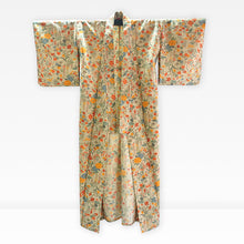 Load image into Gallery viewer, Vintage Japanese Kimono Women's Robe Silk, Beige base with Floral Motif, camellias, cherry blossoms, plum blossoms