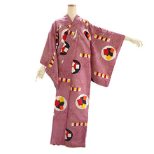 Load image into Gallery viewer, Vintage Japanese Kimono Women's Robe Silk, Red & White Striped Kimono with Geometric Patterns