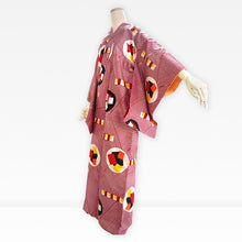 Load image into Gallery viewer, Vintage Japanese Kimono Women's Robe Silk, Red & White Striped Kimono with Geometric Patterns