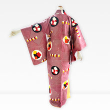 Load image into Gallery viewer, Vintage Japanese Kimono Women's Robe Silk, Red & White Striped Kimono with Geometric Patterns