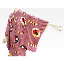 Load image into Gallery viewer, Vintage Japanese Kimono Women's Robe Silk, Red & White Striped Kimono with Geometric Patterns