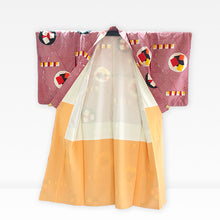 Load image into Gallery viewer, Vintage Japanese Kimono Women's Robe Silk, Red & White Striped Kimono with Geometric Patterns