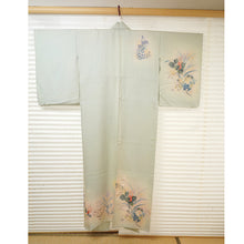 Load image into Gallery viewer, Vintage Japanese Kimono Women's Robe Silk, bush clovers and bellflowers, grayish blue,Autumn Grass Motif Kimono