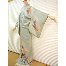 Load image into Gallery viewer, Vintage Japanese Kimono Women's Robe Silk, bush clovers and bellflowers, grayish blue,Autumn Grass Motif Kimono