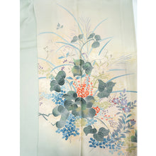 Load image into Gallery viewer, Vintage Japanese Kimono Women's Robe Silk, bush clovers and bellflowers, grayish blue,Autumn Grass Motif Kimono