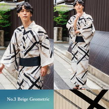 Load image into Gallery viewer, Men's Yukata 4-Piece Set – Yukata, Obi Belt, Geta Sandals & Waist Tie | Choose from 6 Traditional Japanese Patterns, Circle, Geometric, Hemp Leaf (Asanoha), Seven Treasures (Shippo)