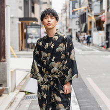 將圖片載入圖庫檢視器 Men's Happi Coat: Kimono Robe -Black, Navy Blue, Red base, Cranes & Pine Trees