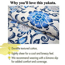 Load image into Gallery viewer, Women's Cotton Yukata, Casual Summer Kimono -White Base with Blue, Gray, and Navy Floral Arabesque