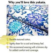 Load image into Gallery viewer, Women's Cotton Yukata, Casual Summer Kimono -White Base with Blue, Light Blue, and Blue-Violet Floral Arabesque