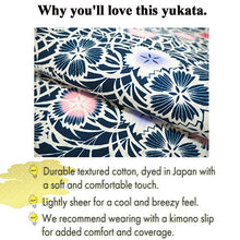 Load image into Gallery viewer, Women's Cotton Yukata, Casual Summer Kimono -Navy Base with Nadeshiko Flowers
