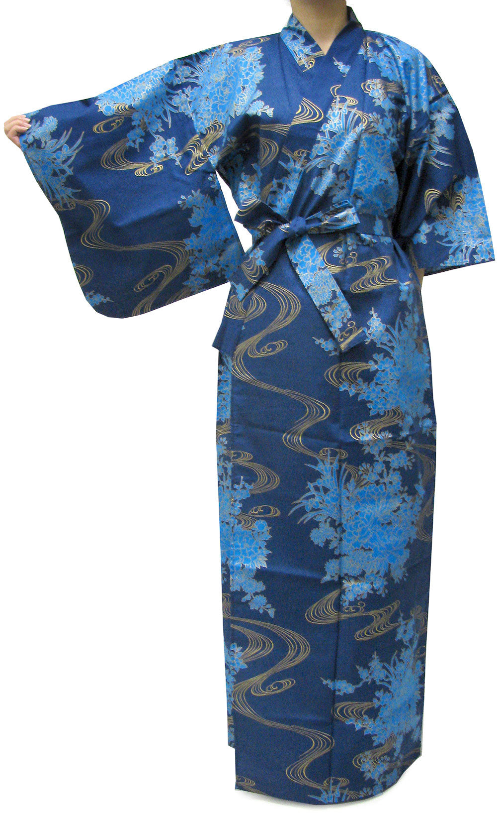 Women's Easy Yukata/ Kimono Robe Flowing Peony Blue Kyoto Maruhisa Women's Easy Yukata/ Kimono Robe Flowing Peony Blue Kyoto Maruhisa