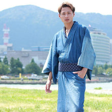 將圖片載入圖庫檢視器 Men's Damaged Denim Unlined Kimono with Pockets Navy: Japanese Traditional Clothes