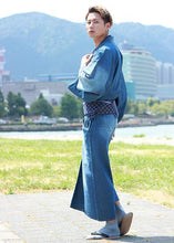 將圖片載入圖庫檢視器 Men's Damaged Denim Unlined Kimono with Pockets Navy: Japanese Traditional Clothes