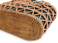 將圖片載入圖庫檢視器 Ata bag, hand-knit, cotton linen, drawstring, navy blue