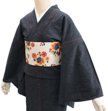 画像をギャラリービューアに読み込む, Women's Unlined Denim Kimono Black with Red Stitches: Japanese Traditional Clothes