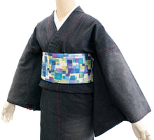 Load image into Gallery viewer, Women's Unlined Damage Denim Kimono Black with Stitches: Japanese Traditional Clothes