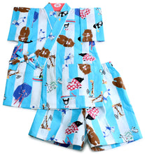 画像をギャラリービューアに読み込む, Kid's Cotton Jinbei - Light Blue Stripe Animals 90cm