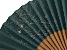 將圖片載入圖庫檢視器 Men's Washi Papercut Art Sensu :Japanese Traditional Folding Fan and Fan Bag 2-Piece Set - Dark Green Fuujin Raijin