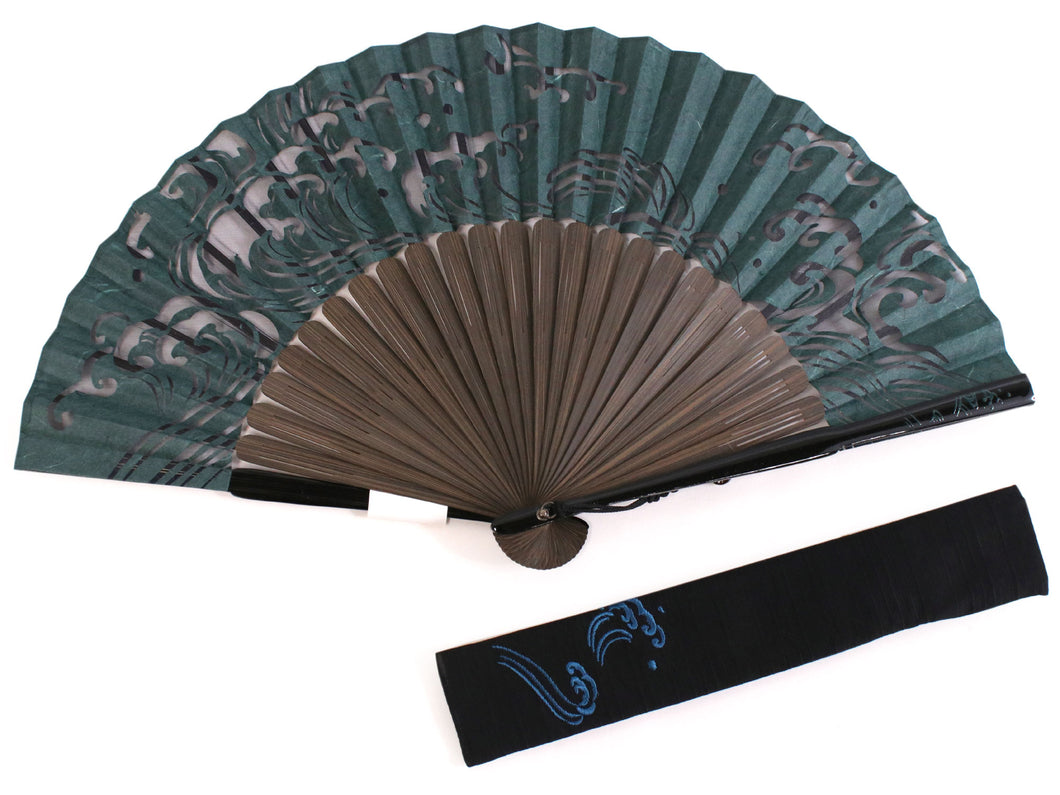 Men's Washi Papercut Art Sensu :Japanese Traditional Folding Fan and  Fan Bag 2-Piece Set -  Deep Green Wave