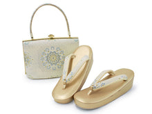 將圖片載入圖庫檢視器 Zori sandles and bag set, Women, White, Gold, flower pattern