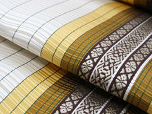 將圖片載入圖庫檢視器 Women's Silk HAKATA-ORI Nagoya Obi Belt With Tailoring - Beige, Yellow and Brown Stripe-