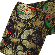 將圖片載入圖庫檢視器 Women's Tailored Washable Polyester Fukuro Obi Belt - Black ,Gold Line and Flowers Pattern-