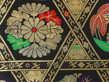 將圖片載入圖庫檢視器 Women's Tailored Washable Polyester Fukuro Obi Belt - Black ,Gold Line and Flowers Pattern-
