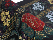 將圖片載入圖庫檢視器 Women's Tailored Washable Polyester Fukuro Obi Belt - Black, Arabesque and Diamond Shaped Pattern-