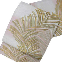 將圖片載入圖庫檢視器 Women's Tailored Washable Polyester Fukuro Obi Belt - Light Gray,Gold Fern Pattern-