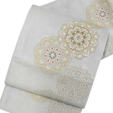 將圖片載入圖庫檢視器 Women's Tailored Washable Polyester Fukuro Obi Belt - Light Gray,Gold Flowers Pattern-