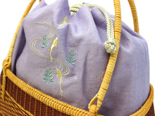 將圖片載入圖庫檢視器 Bamboo Basket Bag - Landscape Hemp drawstring, wisteria Purple ayu, embroidery, separate