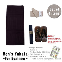 將圖片載入圖庫檢視器 Men's Easy Yukata Coordinate Set of 4 Items For Beginners :Dark Purple/Black Stripe
